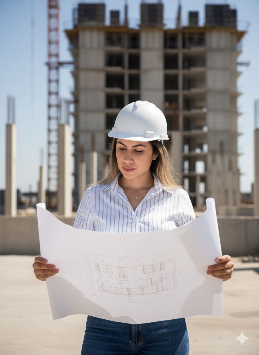 Engenheira analisando a planta do imóvel em obra